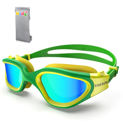 YAKAON Schwimmbrille Kinder, A1MINI Polarisiert Komfortabel Kinder Schwimmbrille Anti Nebel UV-Schutz Schwimmbrille für Mädchen und Jungen (B4-Polarized-Green-Gold) von YAKAON