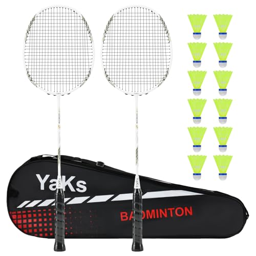 YAKS Badminton-Set, 2-Spieler-Badmintonschläger für Outdoor-Spiele im Hinterhof, Kohlefaser-Badmintonschläger mit 12 Federbällen und 1 Tragetasche von YAKS