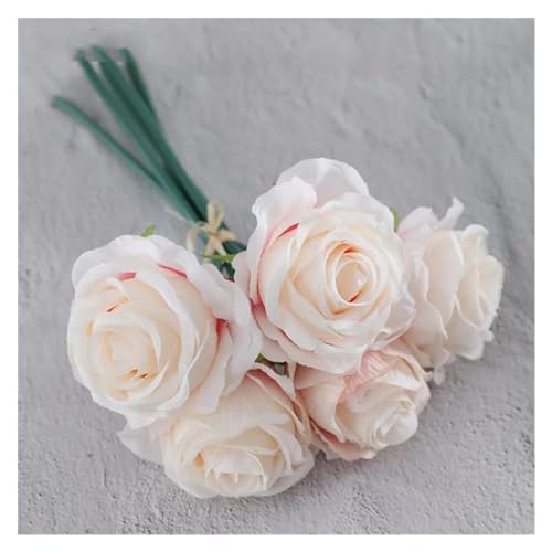 YANNIES Künstlicher Blumenstrauß für die Braut, Hochzeit, Blumenstrauß, künstliche Seidenrose, 5 Rosenköpfe, weißer Blumenstrauß, Dekoration für Zuhause, Party, Hochzeit, Kunstblumen (Champagner) von YANNIES