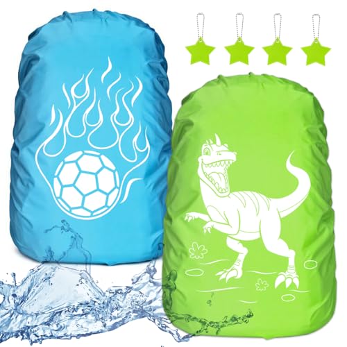 YANSYUN Regenschutz Schulranzen mit Reflektorstreifen 2 Stück, Fußball und Dinosaurier Regenhülle Schulranzen Regenschutz Rucksack für Jungen Kinder von YANSYUN