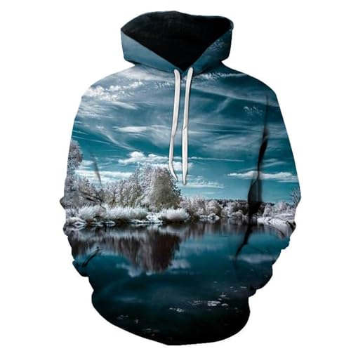 YANXIABH Blauer Himmel, weiße Wolken, Schneeszene, See-Hoodie-3D-Sweatshirt für Männer und Frauen, lockerer Herbst- und Wintermantel mit Kapuze, Streetwear-Hoodie von YANXIABH