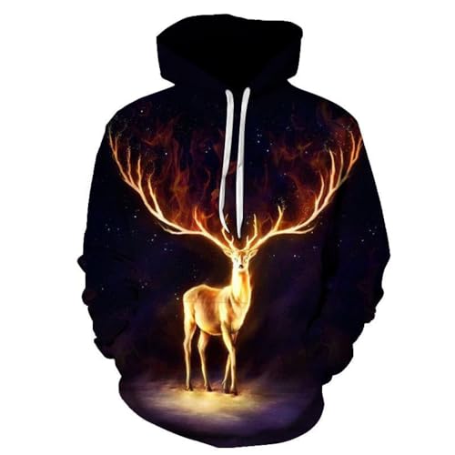 YANXIABH Cooles Sternenhimmel-Flammen-Hirsch-3D-gedrucktes Sweatshirt, Unisex-Kapuzenpullover, Harajuku-Pullover, lustige Jacke von YANXIABH