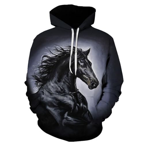 YANXIABH Cooles tierisches schwarzes Pferd 3D-Kapuzenpullover, modische Streetwear, Hip-Hop, langärmelige Sweatshirt-Jacke, extra groß von YANXIABH