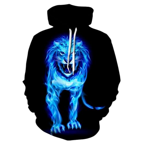 YANXIABH Creative Blue Flame Lion Hoodie 3D-gedruckte Tasche Top Jacke Lose Sweatshirt Langarm Pullover von YANXIABH