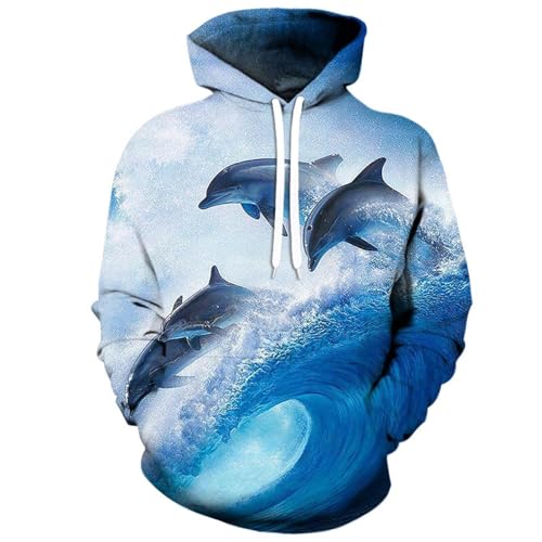 YANXIABH Dolphin Hoodie trägt das Wellen-3D-Sweatshirt für Männer und Frauen mit Kapuze, lockerer Herbst- und Wintermantel, Streetwear-Hoodie von YANXIABH