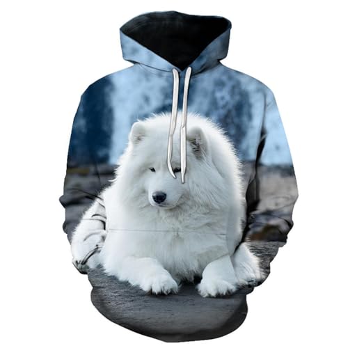 YANXIABH Niedlicher Tier-Kapuzenpullover mit weißem Hund, 3D-Druck, Herbst, lässiges Sweatshirt, lustiger Kapuzenpullover, Hip-Hop-Streetwear von YANXIABH