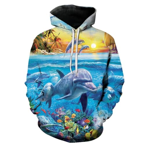 YANXIABH Segeln Delphin Kleiner Fisch Möwe Kapuzenpullover 3D-Druck Herren Übergroßes Sweatshirt Kinderbekleidung Spaßjacke von YANXIABH