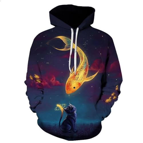 YANXIABH Uhr Sternenhimmel Katze Fisch 3D-Druck Unisex Übergroßer Hoodie Mode Pullover Sportbekleidung Jacke von YANXIABH