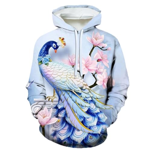 YANXIABH Wunderschöner Pfauen-Rosa-Blumen-Hoodie mit 3D-Druck, übergroßes Herren-Sweatshirt, Kinderkleidung, lustige Jacke von YANXIABH