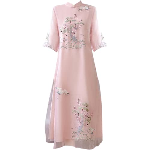 YAROVA Chinesischer Kleid Für Damen - Vintage Frauen Mittellange Qipao Kleider Traditionelle Elegante Cheongsam Tang Anzug Retro Robe Orientale Kleidung Für Bankett Party,Pink,3XL von YAROVA