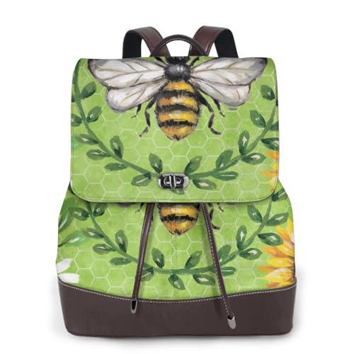 Damen-Rucksack mit Bienen- und Sonnenblumen-Druck, PU-Leder, wasserdicht, Reiserucksack mit Klappe, Schwarz , Einheitsgröße von YBAZYBXY