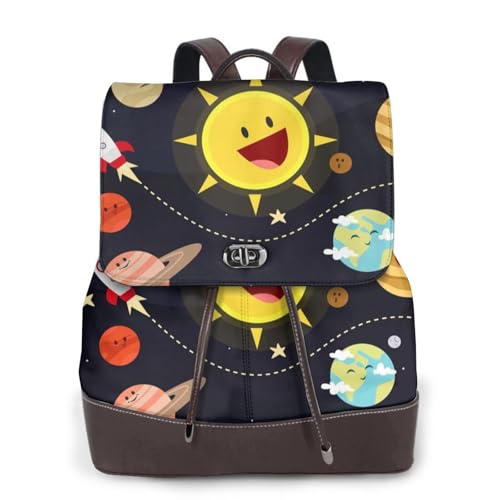 Damenrucksack mit Cartoon-Sonnenaufdruck, PU-Lederrucksack, Handtasche, wasserdichter Rucksack, Reiserucksack mit Klappe, Schwarz , Einheitsgröße von YBAZYBXY