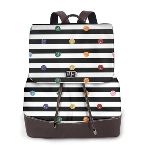 Damenrucksack mit Regenbogen-Punkten, gestreift, schwarz-weiß bedruckt, PU-Leder, Rucksäcke, Handtasche, wasserdichter Rucksack, Reiserucksack mit Klappe, Schwarz , Einheitsgröße von YBAZYBXY