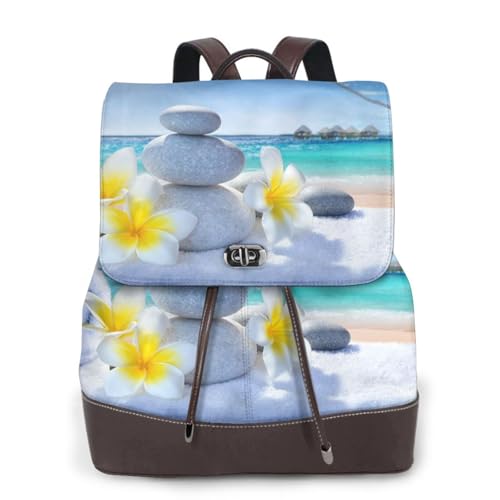 Damenrucksack mit tropischer Blume und Zen-Stein-Druck, PU-Leder, Handtasche, wasserdichter Rucksack, Reiserucksack mit Klappe, Schwarz , Einheitsgröße von YBAZYBXY