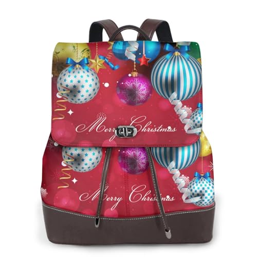 Modischer Damen-Rucksack mit Weihnachtsball-Aufdruck, PU-Leder, Handtasche, wasserdichter Rucksack, Reiserucksack mit Klappe, Schwarz , Einheitsgröße von YBAZYBXY