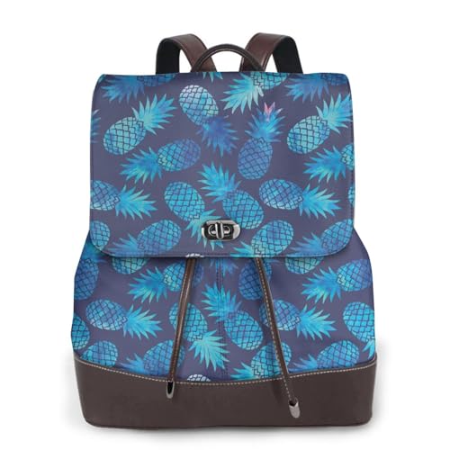 Modischer Damen-Rucksack mit blauem Ananas-Druck, PU-Leder, Handtasche, wasserdichter Rucksack, Reiserucksack mit Klappe, Schwarz , Einheitsgröße von YBAZYBXY