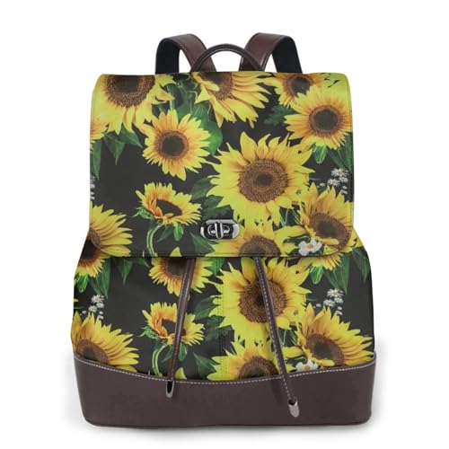 Modischer Damenrucksack mit Sonnenblumen-Druck, PU-Leder, Handtasche, wasserdichter Rucksack, Reiserucksack mit Klappe, Schwarz , Einheitsgröße von YBAZYBXY