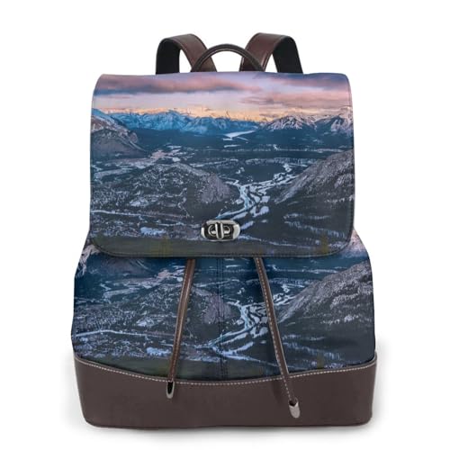 Modischer Damenrucksack mit Sonnenuntergang-Druck, PU-Leder, Handtasche, wasserdichter Rucksack, Reiserucksack mit Klappe, Schwarz , Einheitsgröße von YBAZYBXY