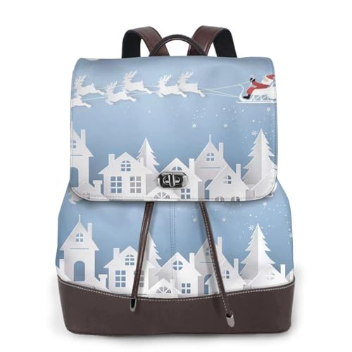 Modischer Damenrucksack mit Weihnachtsmann-Druck, PU-Leder, Handtasche, wasserdichter Rucksack, Reiserucksack mit Klappe, Schwarz , Einheitsgröße von YBAZYBXY