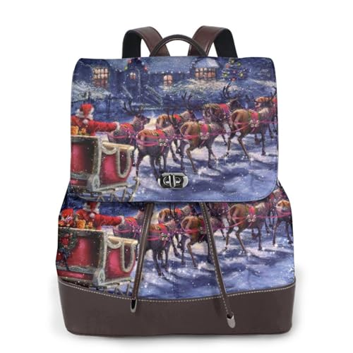 Snow Night Damen-Rucksack, Motiv: Weihnachtsmann und Hirsch, modisch, PU-Leder, Handtasche, wasserdicht, Reiserucksack mit Klappe, Schwarz , Einheitsgröße von YBAZYBXY