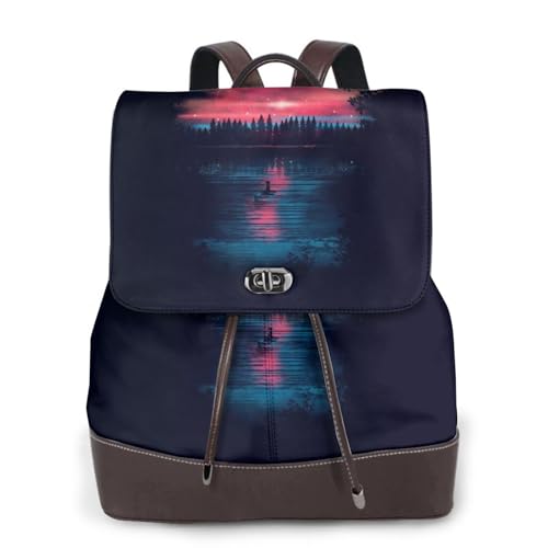 Space Lake Reflection Trees Print Frauen Mode Rucksack Damen PU-Leder Rucksäcke Handtasche Wasserdichter Rucksack Reiserucksack mit Klappe, Schwarz , Einheitsgröße von YBAZYBXY