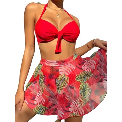 YCHYLIQ Badeanzug 3 Stück Badeanzüge Frauen String Bikini Dreieck Halfter Tanga Anzug Weibliche Strandkleidung Sarongs-Rot-M von YCHYLIQ