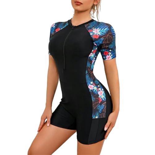 YCHYLIQ Badeanzug Kurzarm Badeanzug Frauen Rash Guards Surf Bodysuit Floral Reißverschluss Badebodus Surf Bodysuit-Saflor-XL von YCHYLIQ