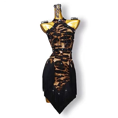 YDHTIZ Damen Latein Salsa Tanzkleid Mit Leopardenmuster Neckholder Tango Ballsaal Performance Kostüm Fransen Salsa Cha Cha Tanzkleidung Rückenfreie Foxtrott Tanzbekleidung von YDHTIZ