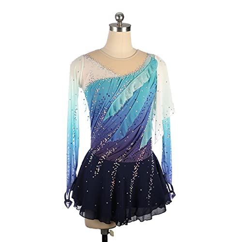 YDHTIZ Kinder Mädchen Eiskunstlauf Kleid Damen Professionelle Eiskunstlauf Wettbewerb Kleider Blau Gradient Frauen Langarm Ballett Tanz Kleidung Outfit (XXXL,Blue) von YDHTIZ