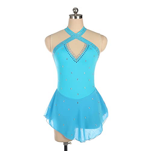 YDHTIZ Kinder Mädchen Eiskunstlauf Kleid Damen Professionelle Eiskunstlauf Wettbewerb Kleider Kid Girls Rückenlose Ärmellose Strass Gymnastik Trikot (S,Blue) von YDHTIZ