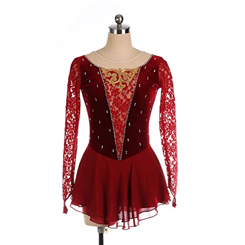 YDHTIZ Kinder Mädchen Eiskunstlauf Kleid Lyrische Frauen Erwachsene Figur EIS Skating Kleid Frauen Wein Rot Langarm Strass Turner Gymnastik Trikots -Outfit (S,Wine red) von YDHTIZ