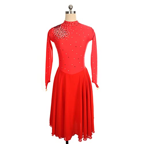 YDHTIZ Kinder Mädchen Eiskunstlauf Kleid Lyrische Frauen Erwachsene Figur Eislaufen Kleid Rote Turtleneck Lange Ärmel Strass Gymnastik Lange Kostüme (S,red) von YDHTIZ