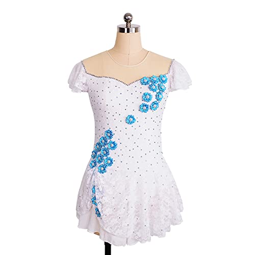 YDHTIZ Kinder Mädchen Eiskunstlauf Kleid Mädchen Eiskunstlauf Kleid Mädchen Winter Figure Skating Anzug Weiß Spandex Wettbewerb Anzug Kurzarm Strass Eislauftanz Kostüm (XS,Blue) von YDHTIZ