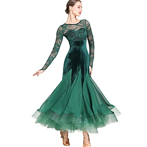 YDHTIZ Klassische Gesellschaftstanzkleider aus Spitze für Frauen Langarm Walzer Performance Kostüme Rundhalsausschnitt Modern Competition Dance Kleid Rückenfrei von YDHTIZ