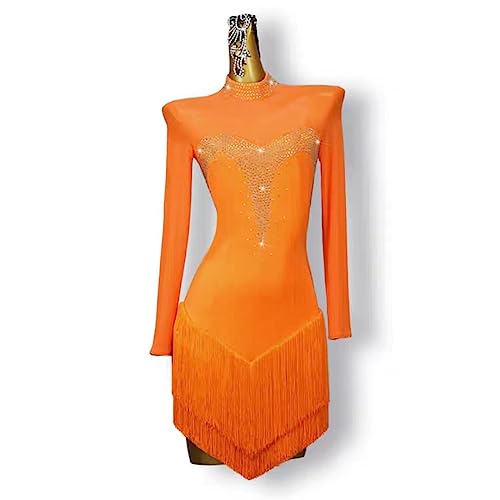 YDHTIZ Latein Tanz Performance Kleid Mit Fransen Party Tanzoutfit Mit Hohem Kragen Für Rumba Mesh Langarm Salsa Trainings Tanzbekleidung Ballsaal Kostüme Für Damen von YDHTIZ