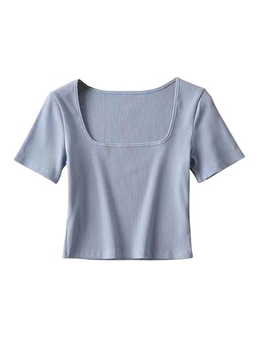 YDOOW Crop Top Quadratischer Ausschnitt Geripptes Cropped T-Shirt Kurzarm Cropped Top Einfarbige Cropped T-Shirt-Blau-M von YDOOW