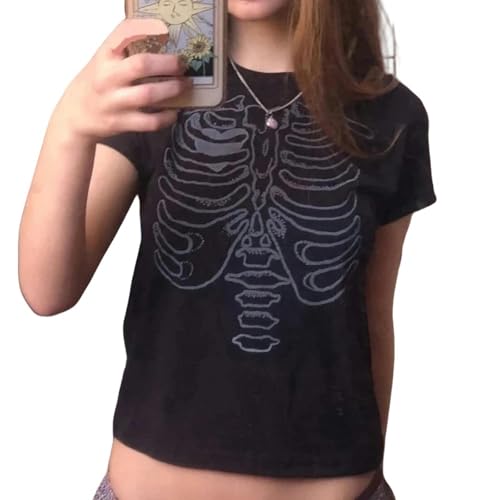 YDOOW Crop Top Special Skull Print T-Shirt Sommer Frauen Retro Casual Rundhals Cropped Top-Schwarz-L von YDOOW