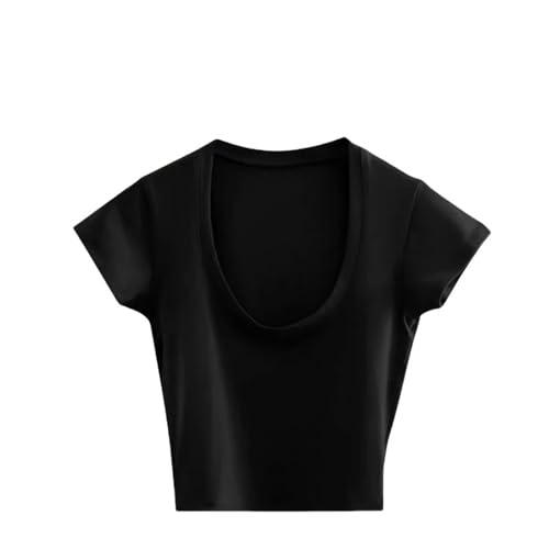 YDOOW Crop Top T-Shirt Frauen Kurzarm Grau T-Shirt Frauen Solid Schwarz/Weiß Crop Top-Schwarz-XL von YDOOW