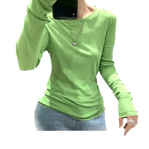 YDOOW Damen Langarmshirt Basic Conbon Color Curled Langarmed Bottoming Shirt T-Shirt Dünn Leicht Transparent Schlanker Anpassung-Grün-Eine Größe von YDOOW