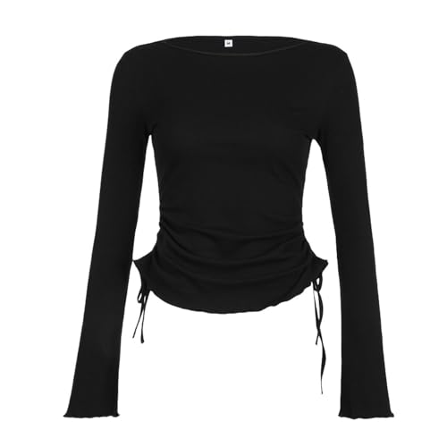 YDOOW Damen Langarmshirt Bequemes Und Lässiges, Reines Schwarzes Langärmeliges T-Shirt Basic Schnürschnürschnürschnreide Slim Fit Simple Top-Schwarz-S von YDOOW