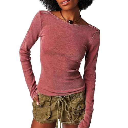 YDOOW Damen Langarmshirt Frühlings- Und Herbst-Feste Farbe Runder Nacken Sexy Große Rückenfreie Faden-T-Shirt-Tops Für Frauen-Ziegelrot Rot-L von YDOOW