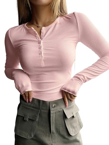 YDOOW Damen Langarmshirt Halbknopf Gerippter Langarm T-Shirt Slim Fit Outerwear Damens Tops-Rosa-S von YDOOW