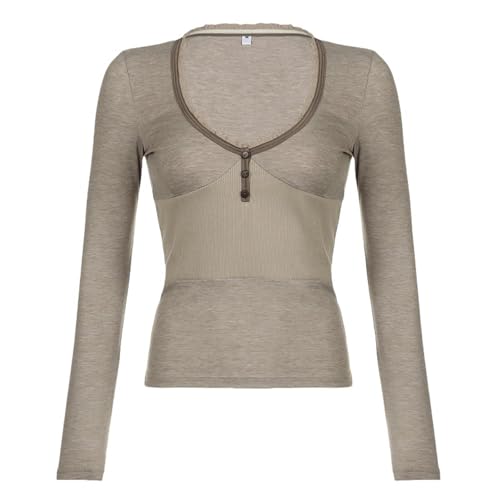 YDOOW Damen Langarmshirt Retro-Kontrastfarbe V-Ausschnitt T-Shirt Für Frauen Mit Hüstenbetontem Langarm-Bodhemd Für Frauen-Khaki-S von YDOOW