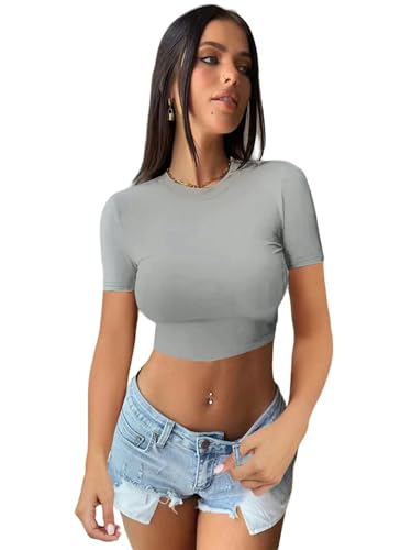 YDOOW Damen Langarmshirt Vielseitige Langärmelige Oberteile Mit Fester Farbe Rundes Hals T-Shirt Navel-Baring Damen Tight Bood Hemd-Kurz Grau-S von YDOOW