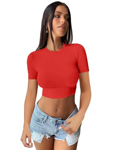 YDOOW Damen Langarmshirt Vielseitige Langärmelige Oberteile Mit Fester Farbe Rundes Hals T-Shirt Navel-Baring Damen Tight Bood Hemd-Kurz Orange Rot-XL von YDOOW