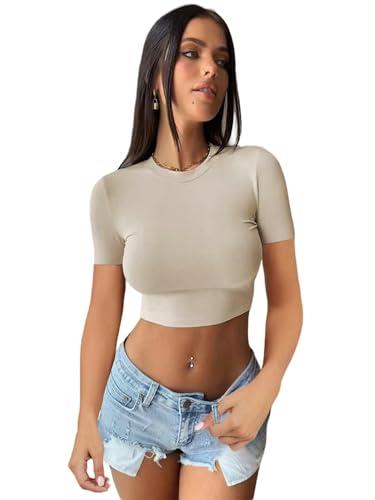 YDOOW Damen Langarmshirt Vielseitige Langärmelige Oberteile Mit Fester Farbe Rundes Hals T-Shirt Navel-Baring Damen Tight Bood Hemd-Kurze Aprikose-XXL von YDOOW