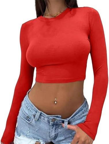 YDOOW Damen Langarmshirt Vielseitige Langärmelige Oberteile Mit Fester Farbe Rundes Hals T-Shirt Navel-Baring Damen Tight Bood Hemd-Orange Rot-S von YDOOW