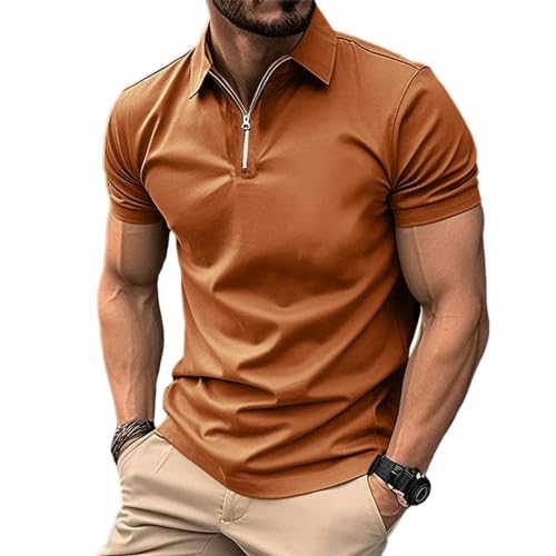 YDRABFLE Herren Kurzarm-T-Shirt Für Den Sommer Männer Solid Color Polo Shirt Kurzarm Reißverschluss Kragen Tshirts Für Männer Turn-Down-Braun-L von YDRABFLE