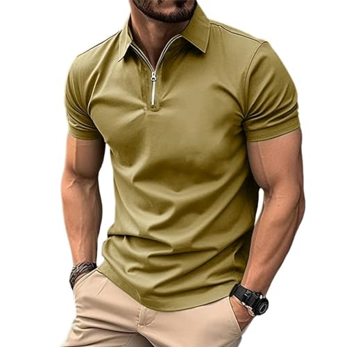 Herren Kurzarm-T-Shirt Für Den Sommer Männer Solid Color Polo Shirt Kurzarm Reißverschluss Kragen Tshirts Für Männer Turn-Down-Khaki-XXXL von YDRABFLE