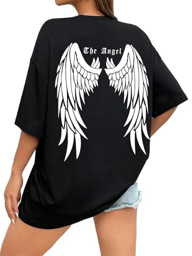 Kurzarmoberteile Für Damen Dark Engel Flügel Grafische Gedruckte T-Shirts Für Frauen Lose Übergroße Kleidung T-Shirt Baumwolle-Schwarz-XXXL Kurzarmoberteile Für Damen Dark Engel Flügel Grafische Gedruckte T-Shirts Für Frauen Lose Übergroße Kleidung T-Shirt Baumwolle-Schwarz-XXXL von YDRABFLE